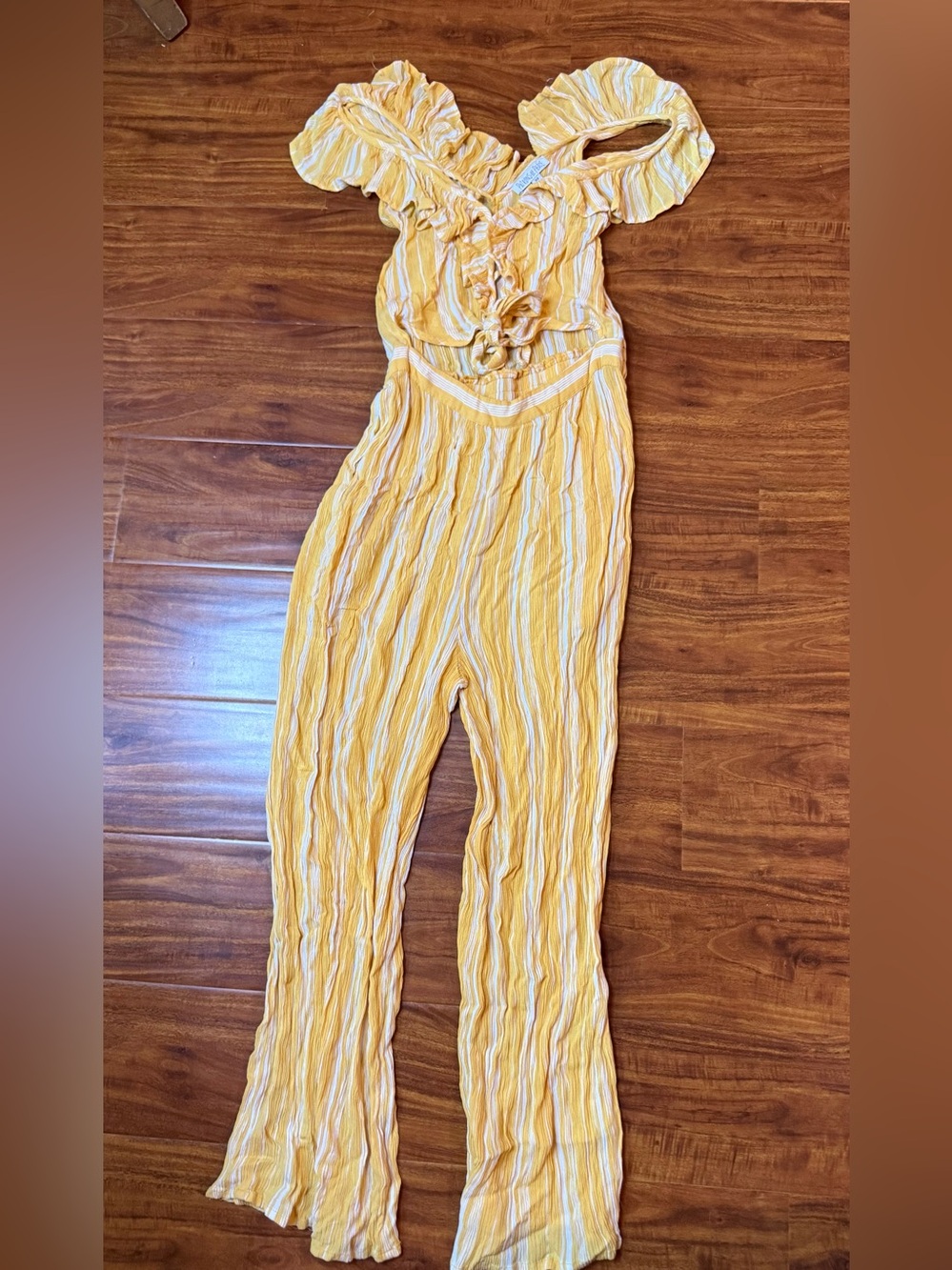 Women’s Yellow Stripe One-Piece Romper with Ruffle Detail